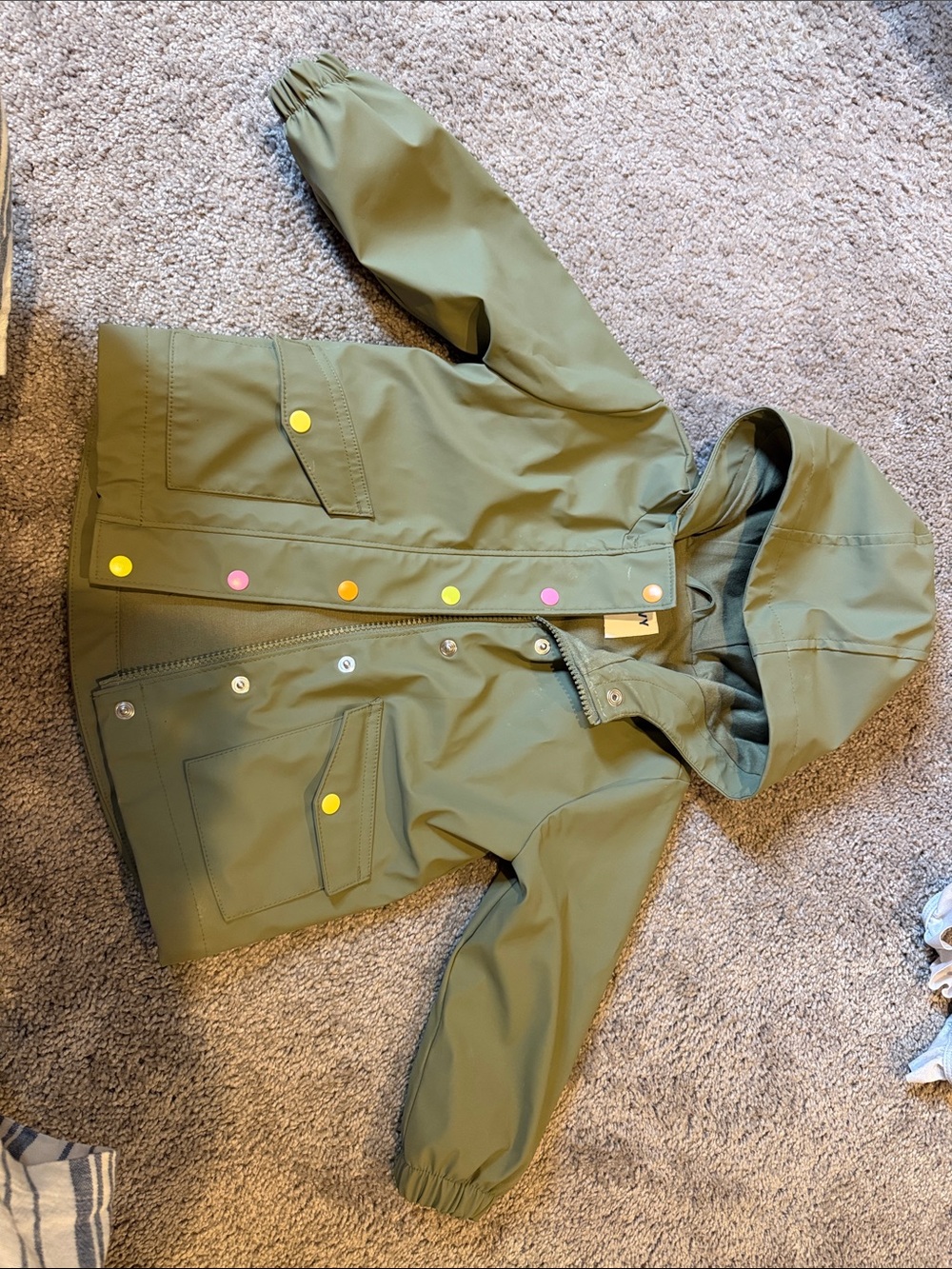 Old Navy Olive Green Hooded Raincoat with Colorful Snap Accents